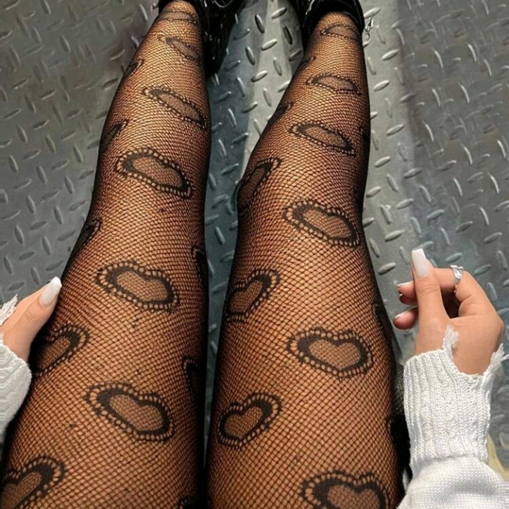 Heart Patterned Black Fishnet Tights
